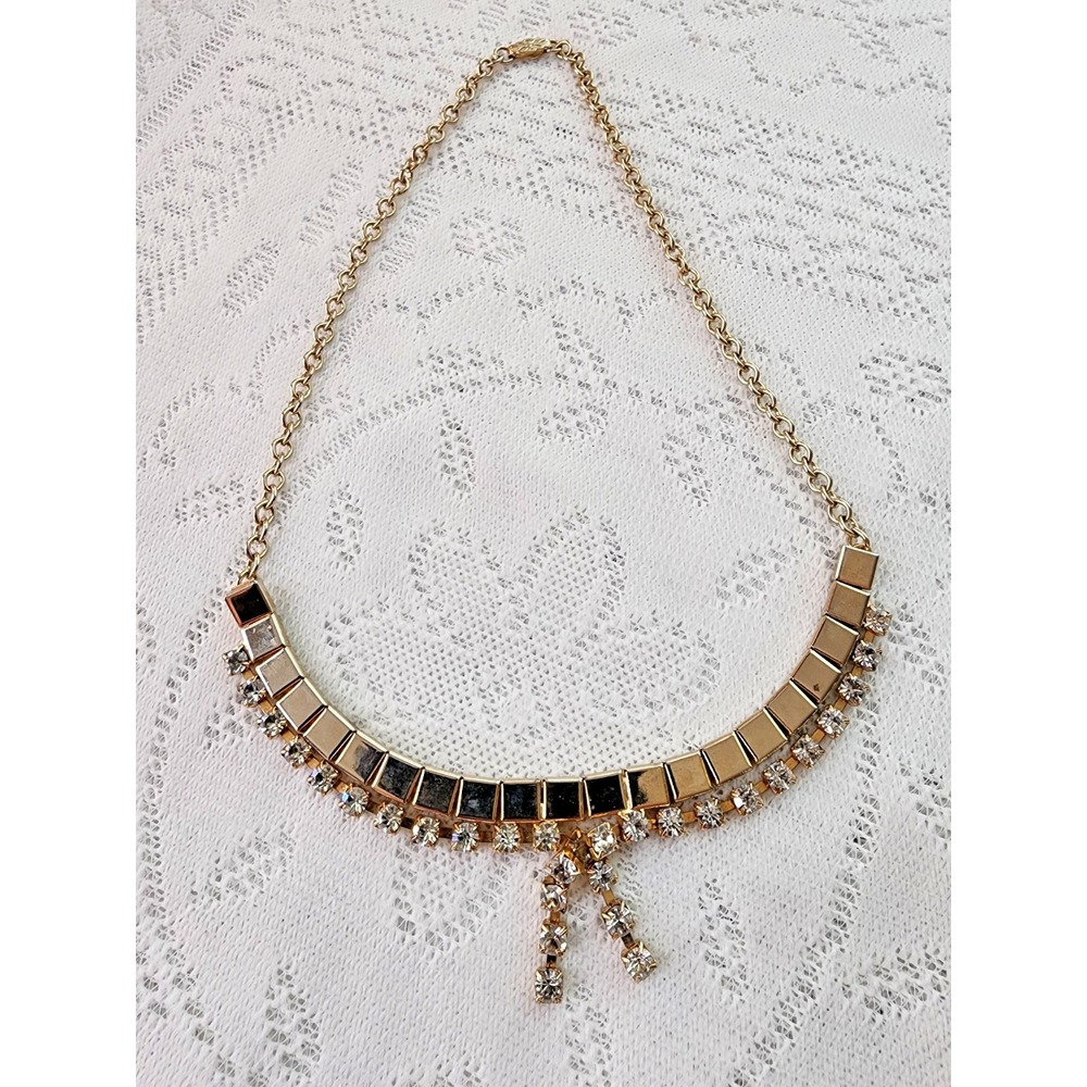 Vintage‎ Rhinestone Necklace Old Hollywood Glam Mid Century Architectural Gold